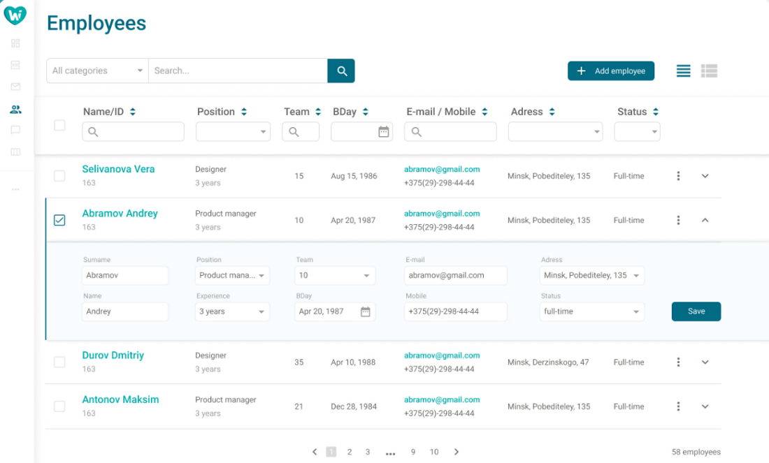 Table UI Design Sample